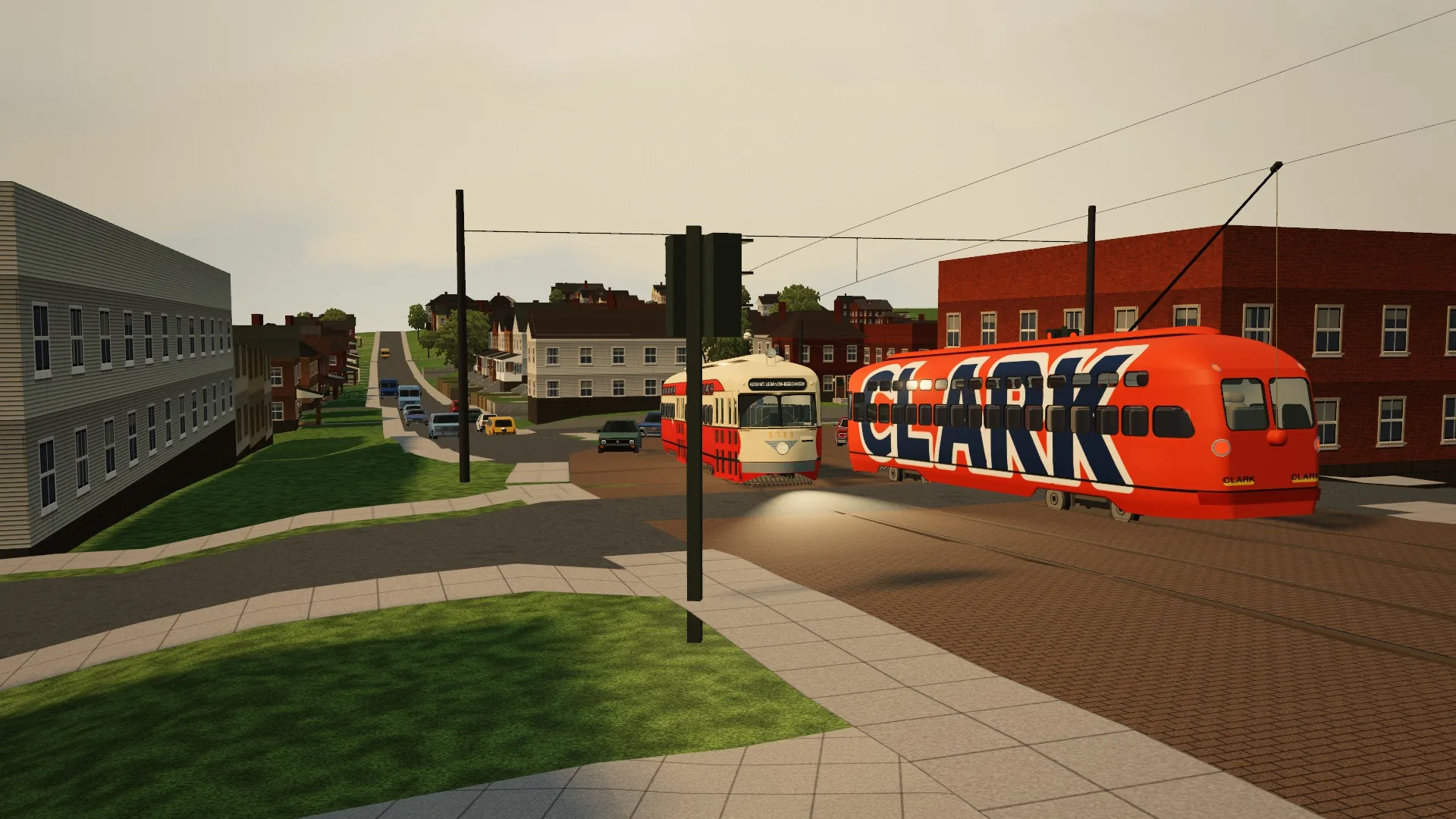 Two PCC cars meeting on Broadway in Beechview, one in Clark Bar orange and blue, one in cream and red, with brick houses and parked cars