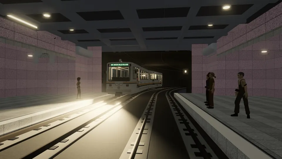 An SD-400 in the tunnel mouth at Wood Street station, riders on both platforms